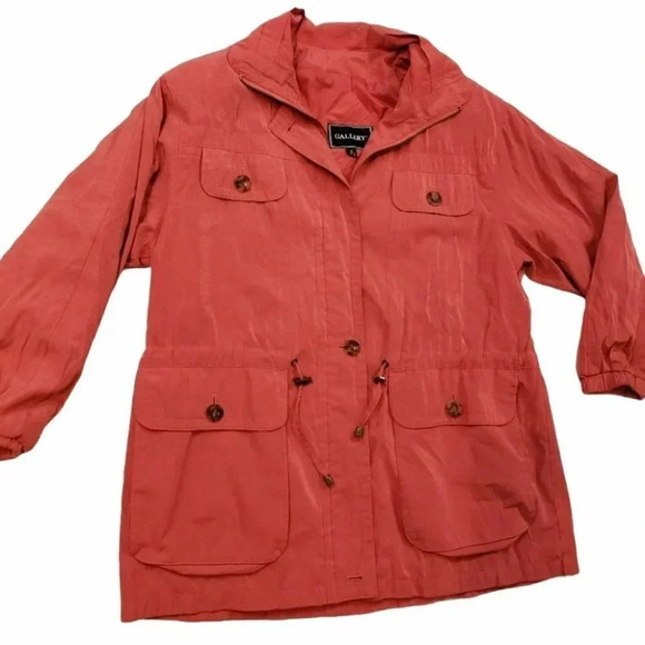 Gallery Coral Orange Lightweight Rain Jacket  Anorak Drawstring Waist Medium - Picture 6 of 7